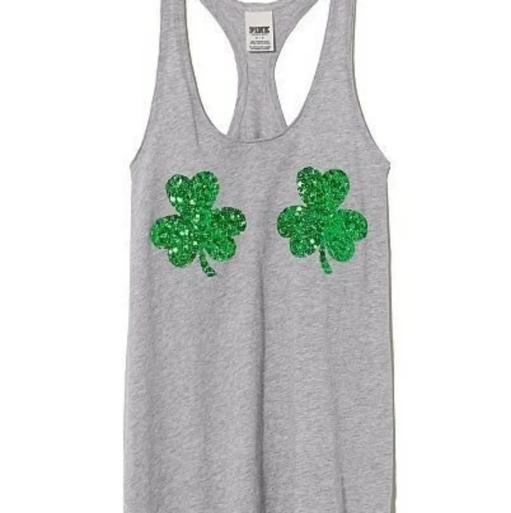 PINK Victoria's Secret Gray Tank Top With Green Sequin Shamrocks. XS. Bralette S - Picture 16 of 16